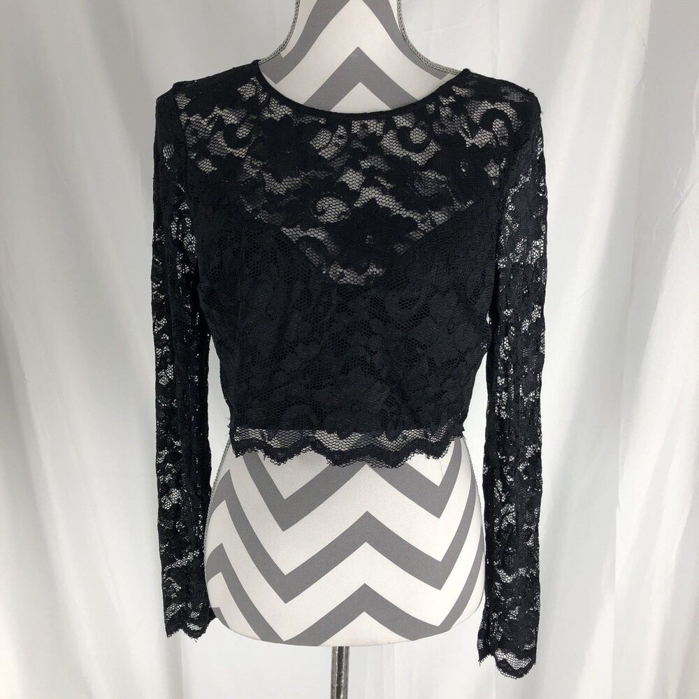 B Smart Misses Cropped Lace Top Size 13 Black Lined Zipper Hand Wash Stretch
